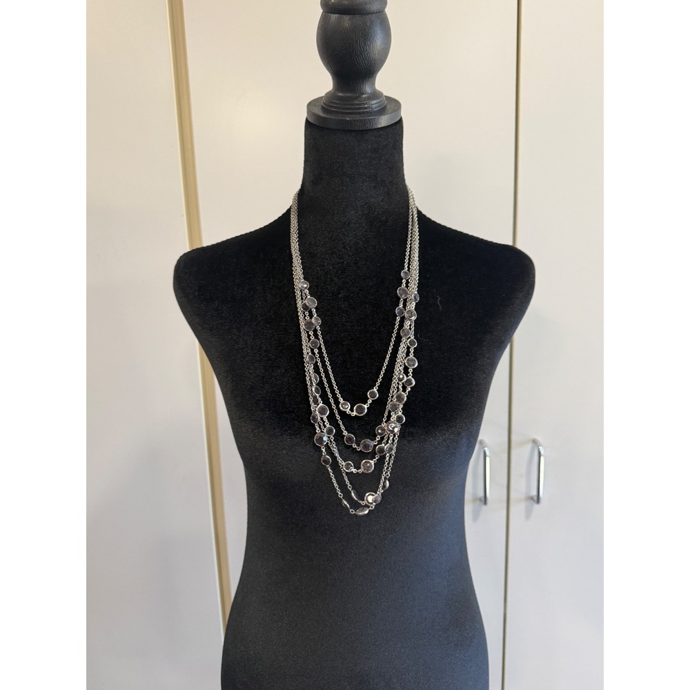 Multi Strand Layered Bezel Set Purple Crystal Silver Tone Chain Necklace
